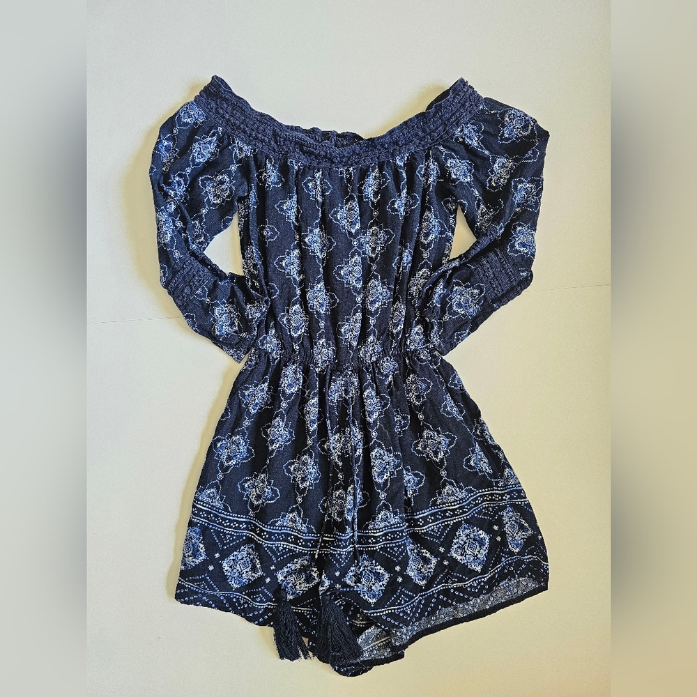 Hollister Xs Dark Blue Lace-Trimmed Off Shoulder Romper